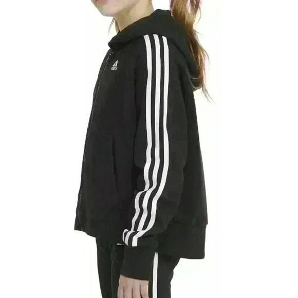 NWT Girls Adidas Zip Up Sweatshirt Hooded Fleece Black Size Medium 10/12 - Picture 5 of 8